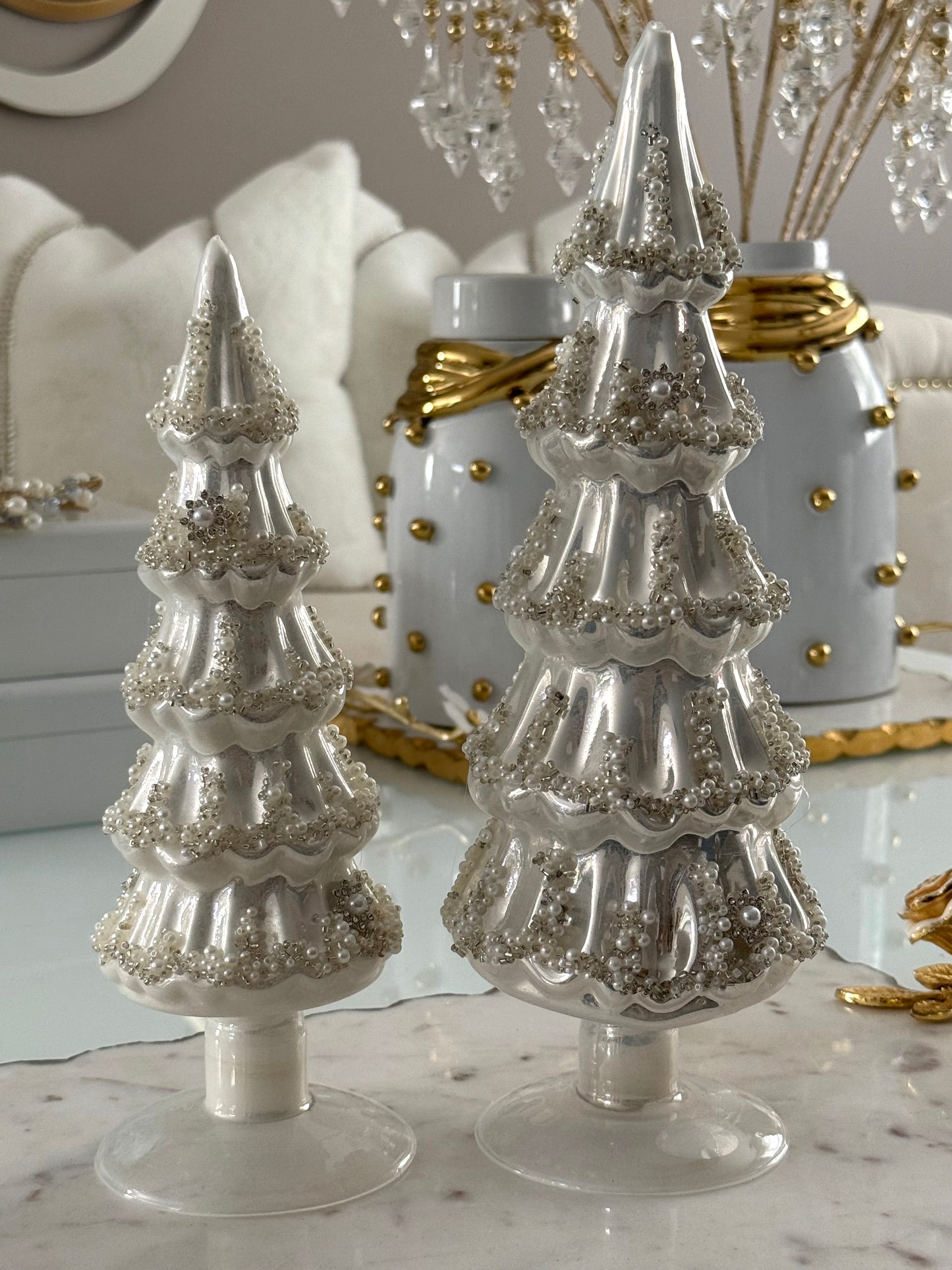 Set Of 2 Embellished Pearlized Christmas Tree.