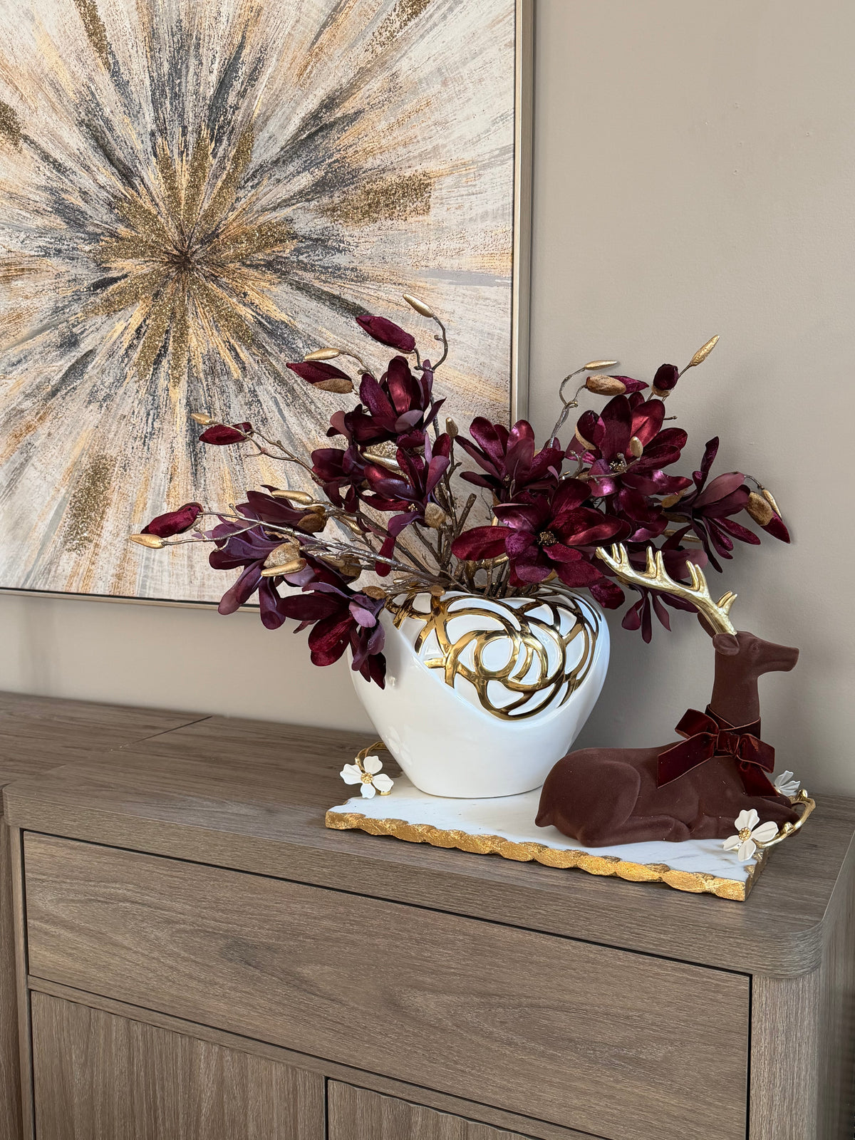 Set of 3 Velvet Magnolia Spray Burgundy With Brown Stem.