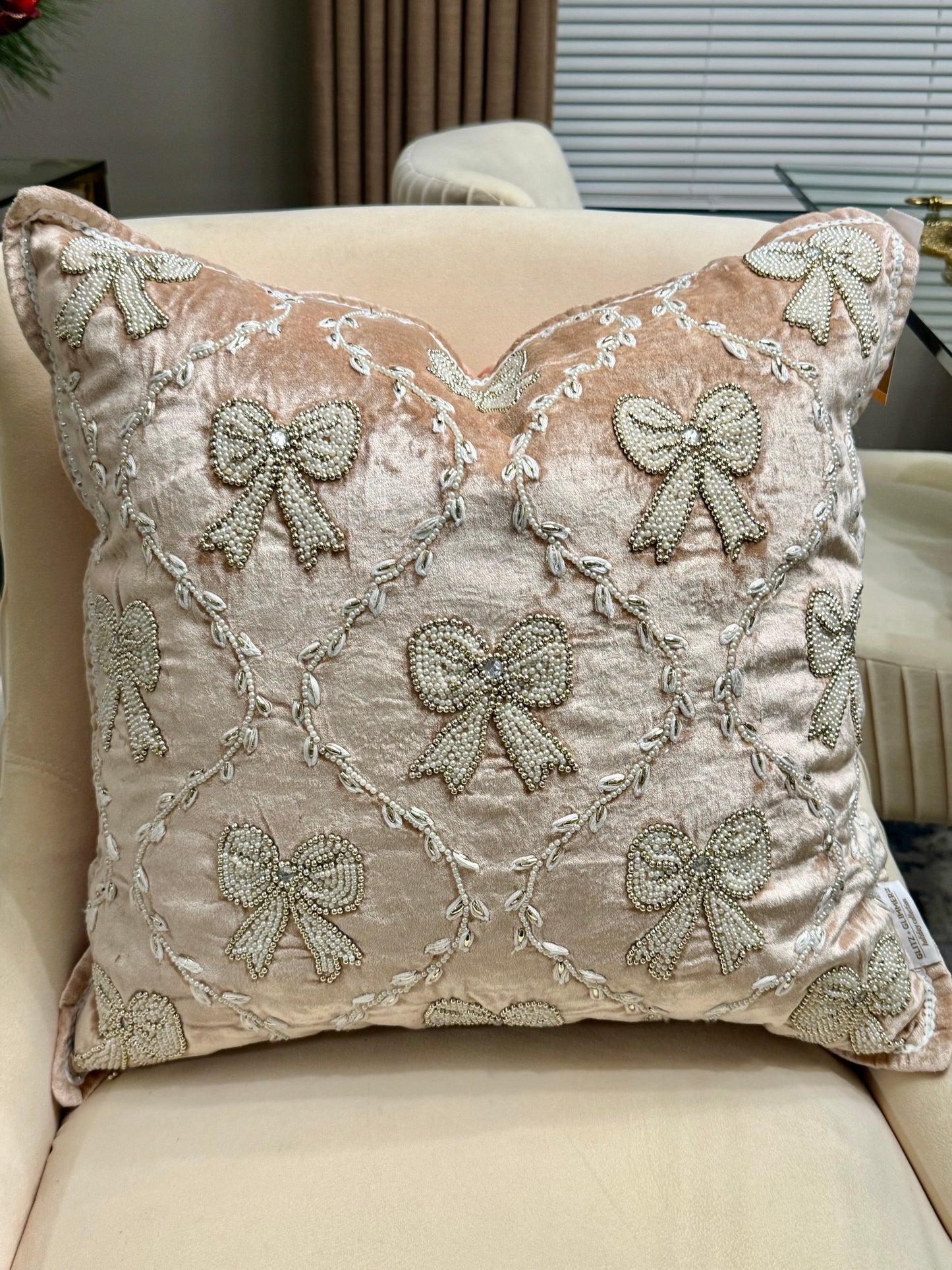 Beaded Bow Soft Pink Pillow