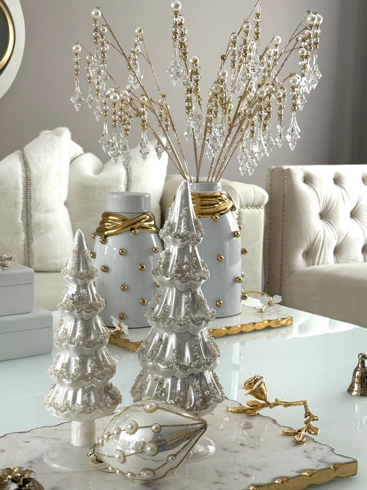 Set Of 2 Embellished Pearlized Christmas Tree.