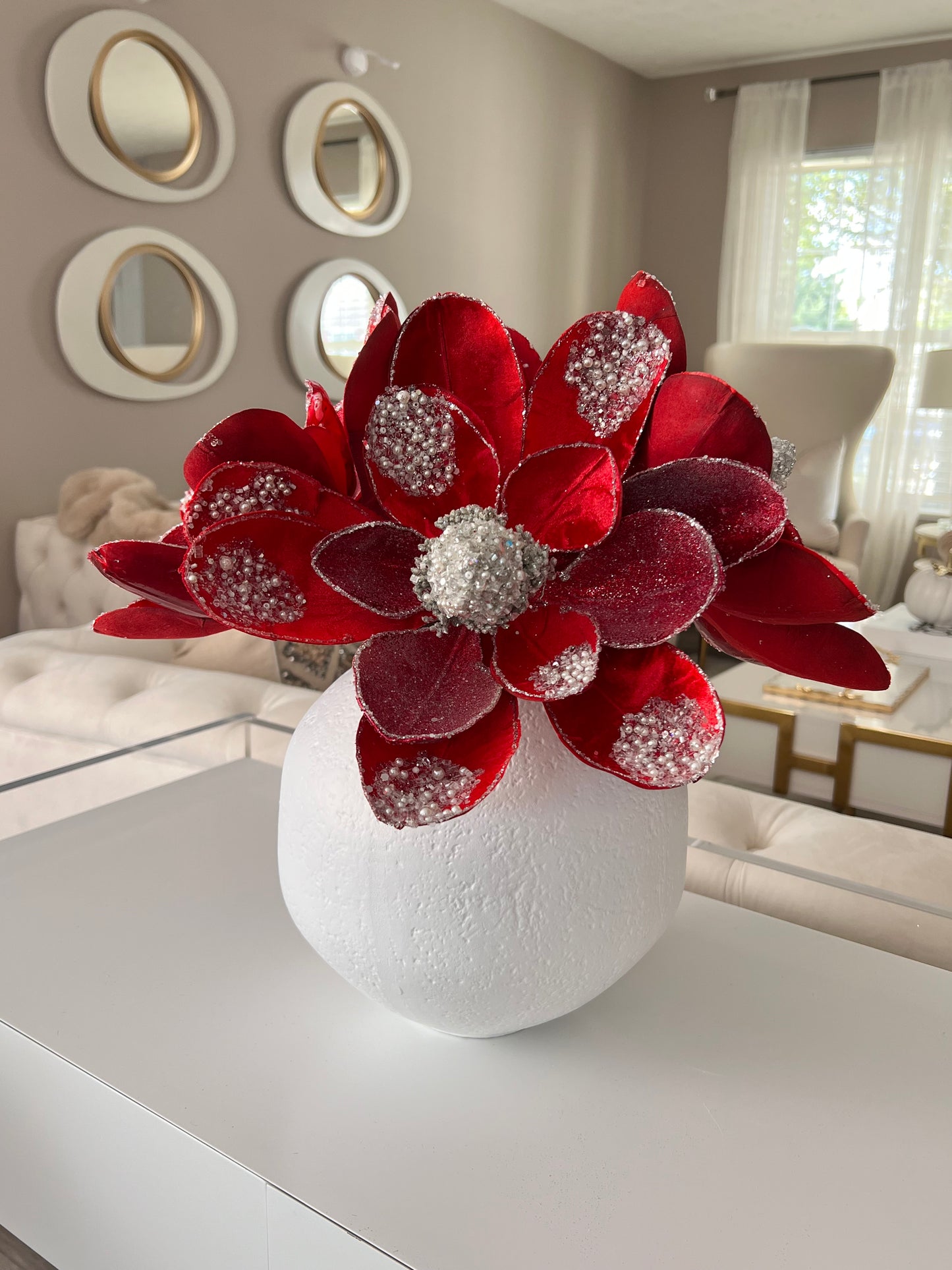 Red Magnolia Stem Whit White Pearls