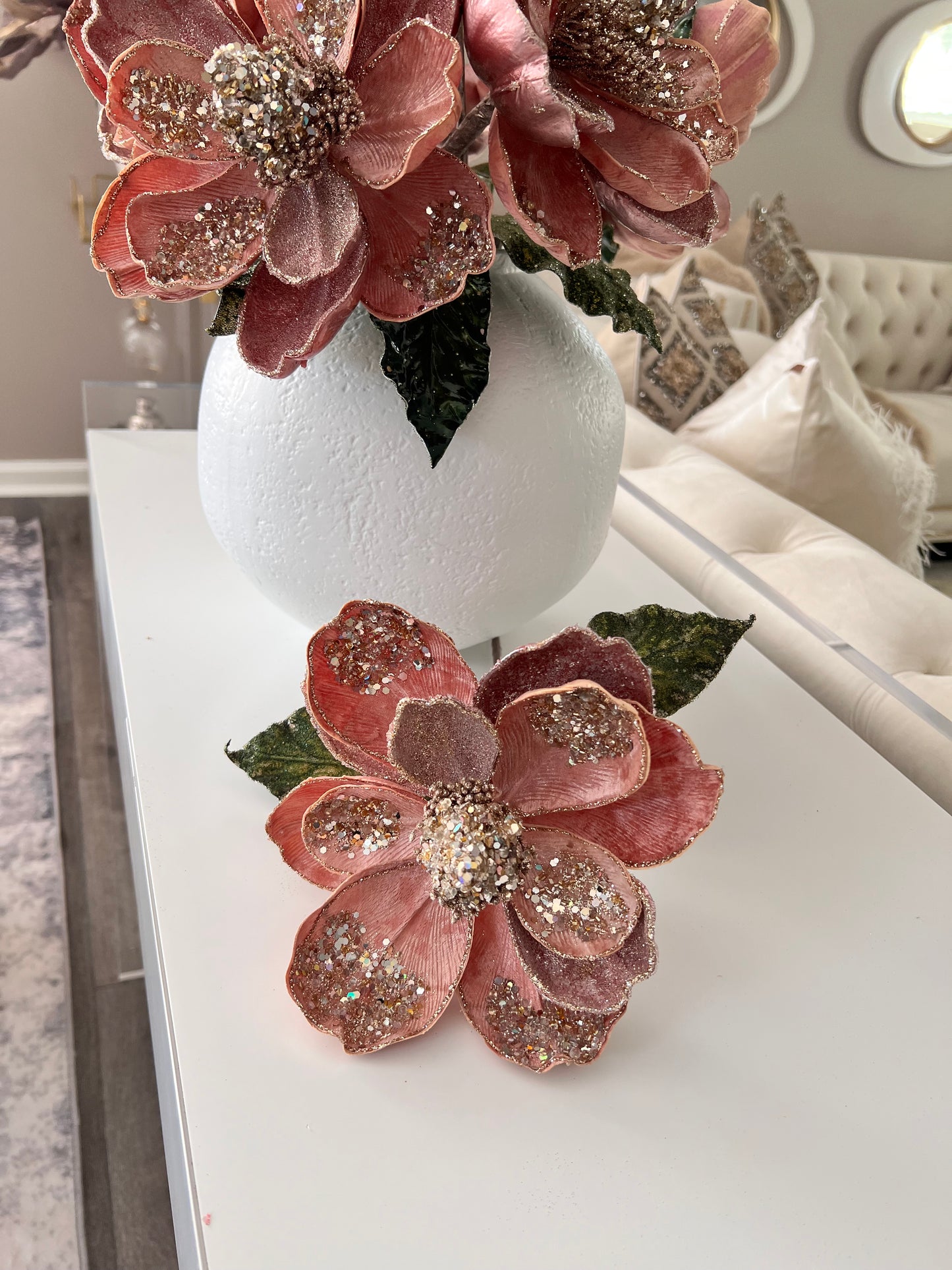 Set Of 3 Christmas Magnolia Stem Blush Pink With Gold Glitter