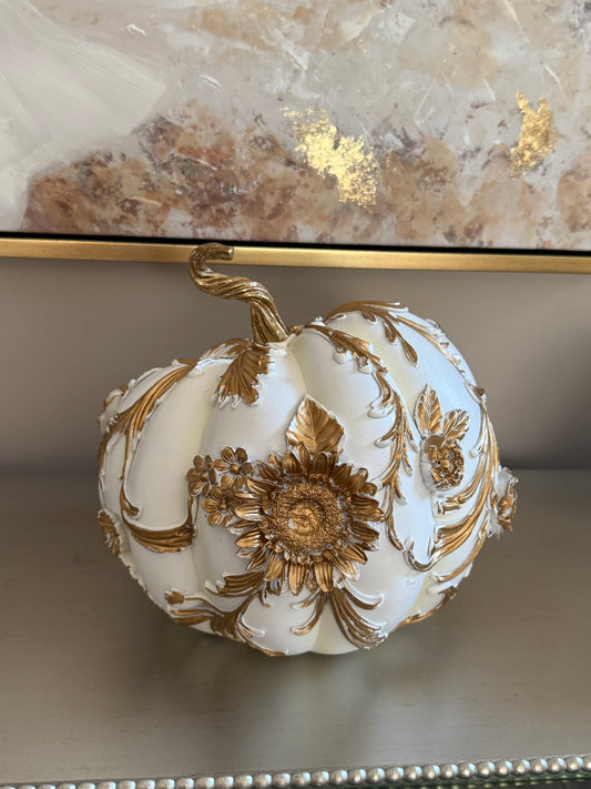 White And Gold Flowers Pumpkin Medium.