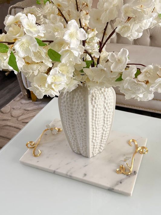Marble Tray With Gold Handle And Flower Design .