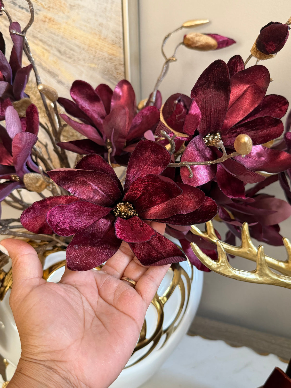 Set of 3 Velvet  Magnolia Spray Burgundy With Brown Stem.