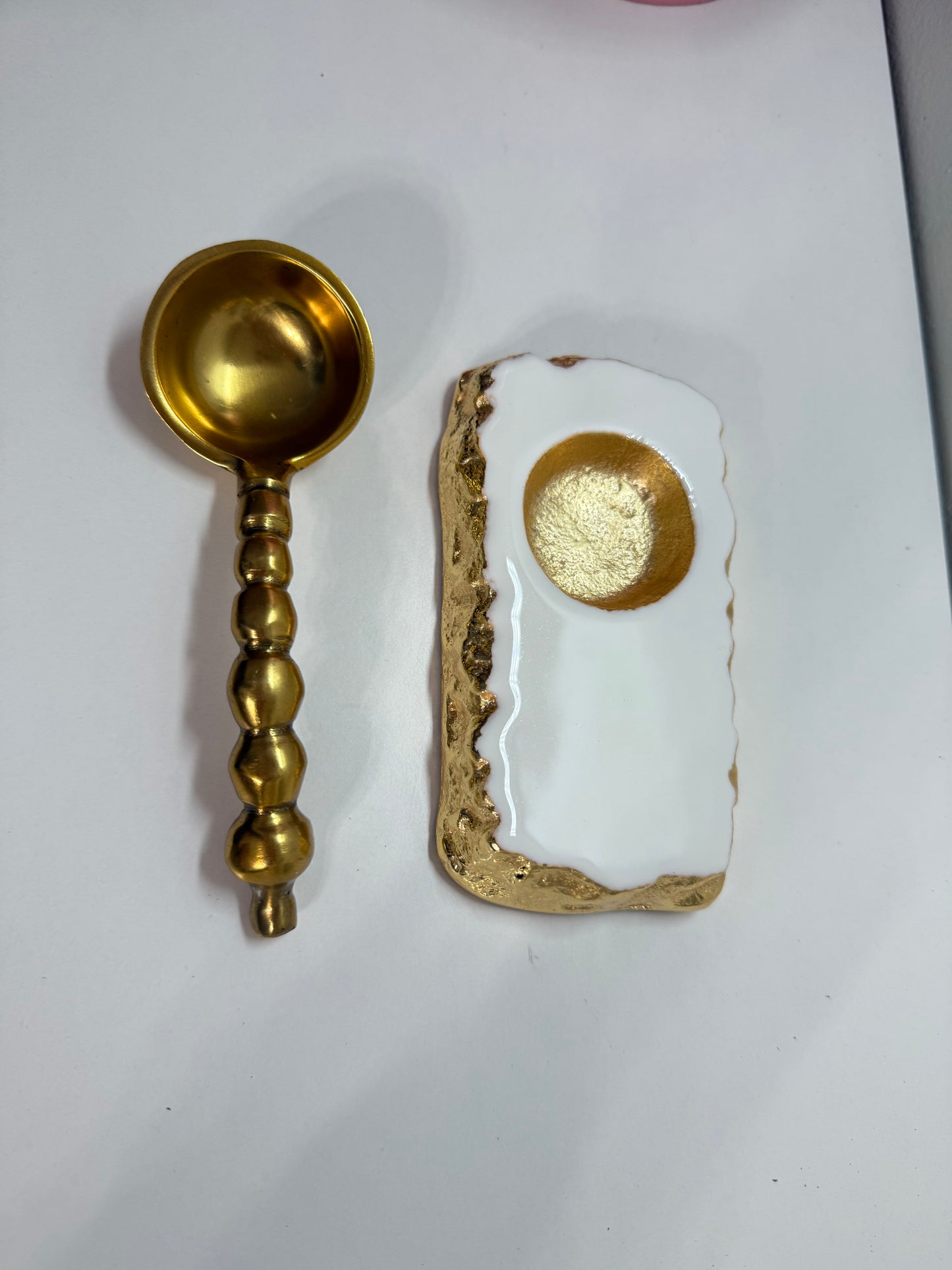 Gold Spoon and white and Gold Enamel Holder Set