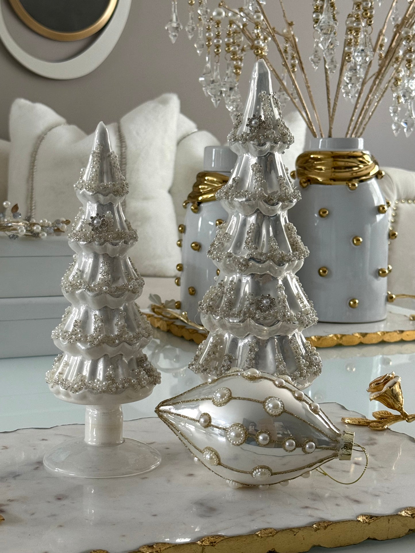 Set Of 2 Embellished Pearlized Christmas Tree.