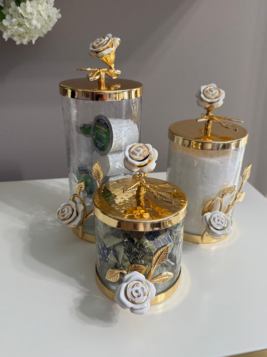 Small Canister Whit Gold Leaf And White Rose