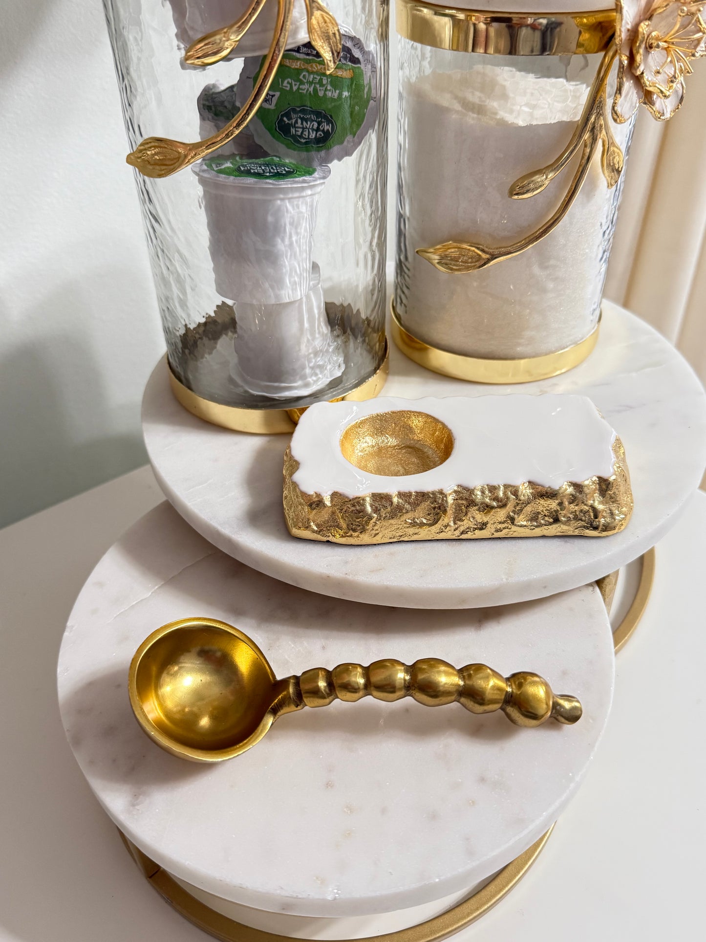 Gold Spoon and white and Gold Enamel Holder Set