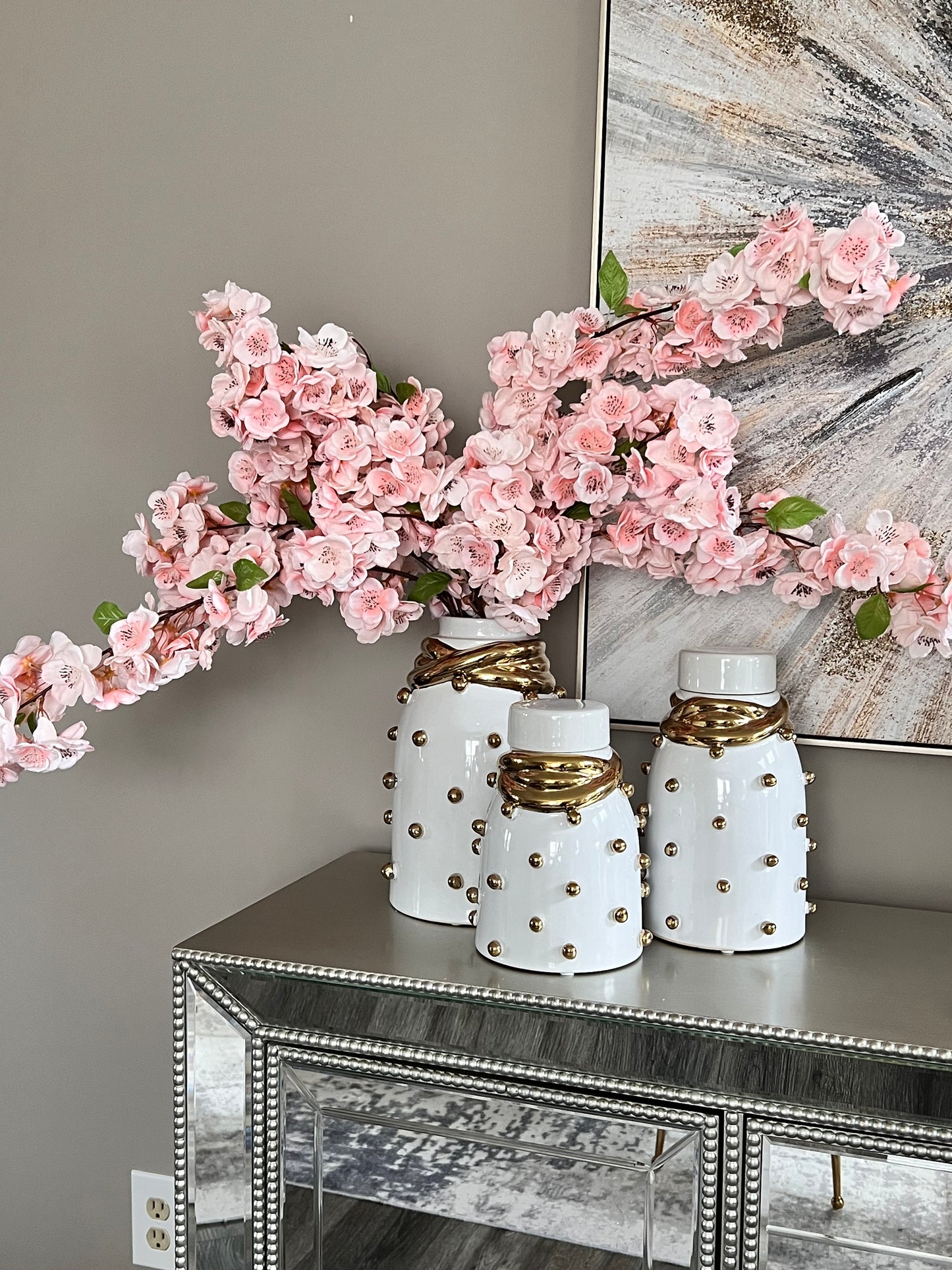 White Ceramic Jar Whit Gold Elegant Detail and Studded(3 sizes)