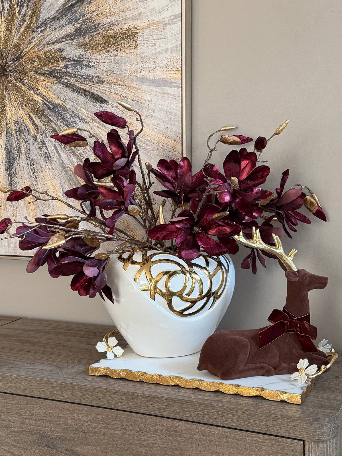 Set of 3 Velvet  Magnolia Spray Burgundy With Brown Stem.