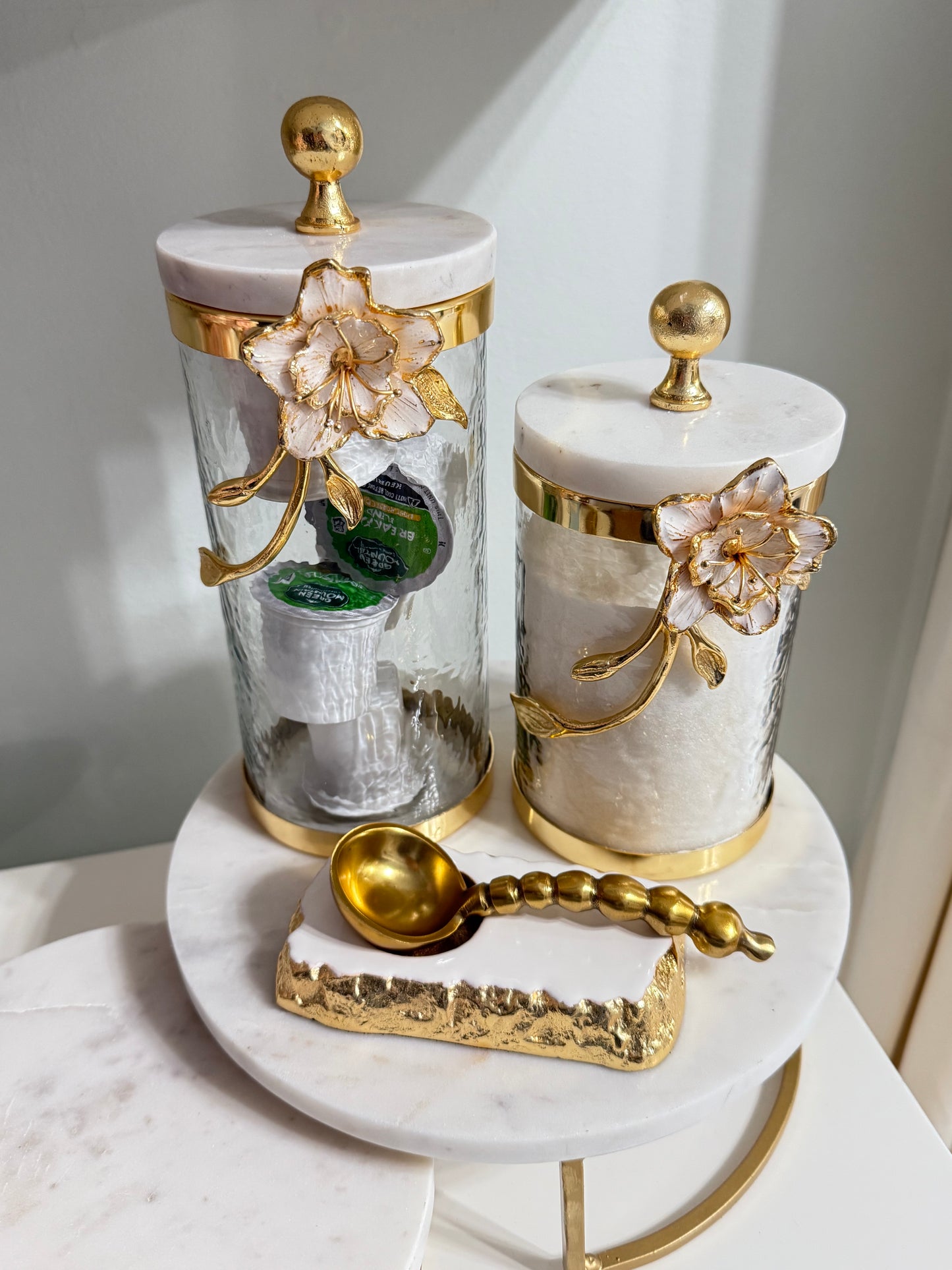 Gold Spoon and white and Gold Enamel Holder Set