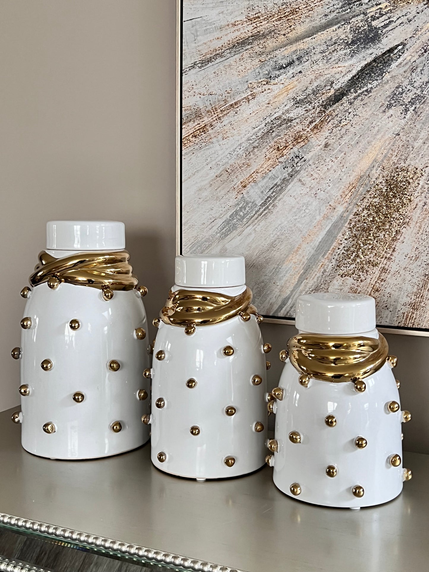 White Ceramic Jar Whit Gold Elegant Detail and Studded(3 sizes)