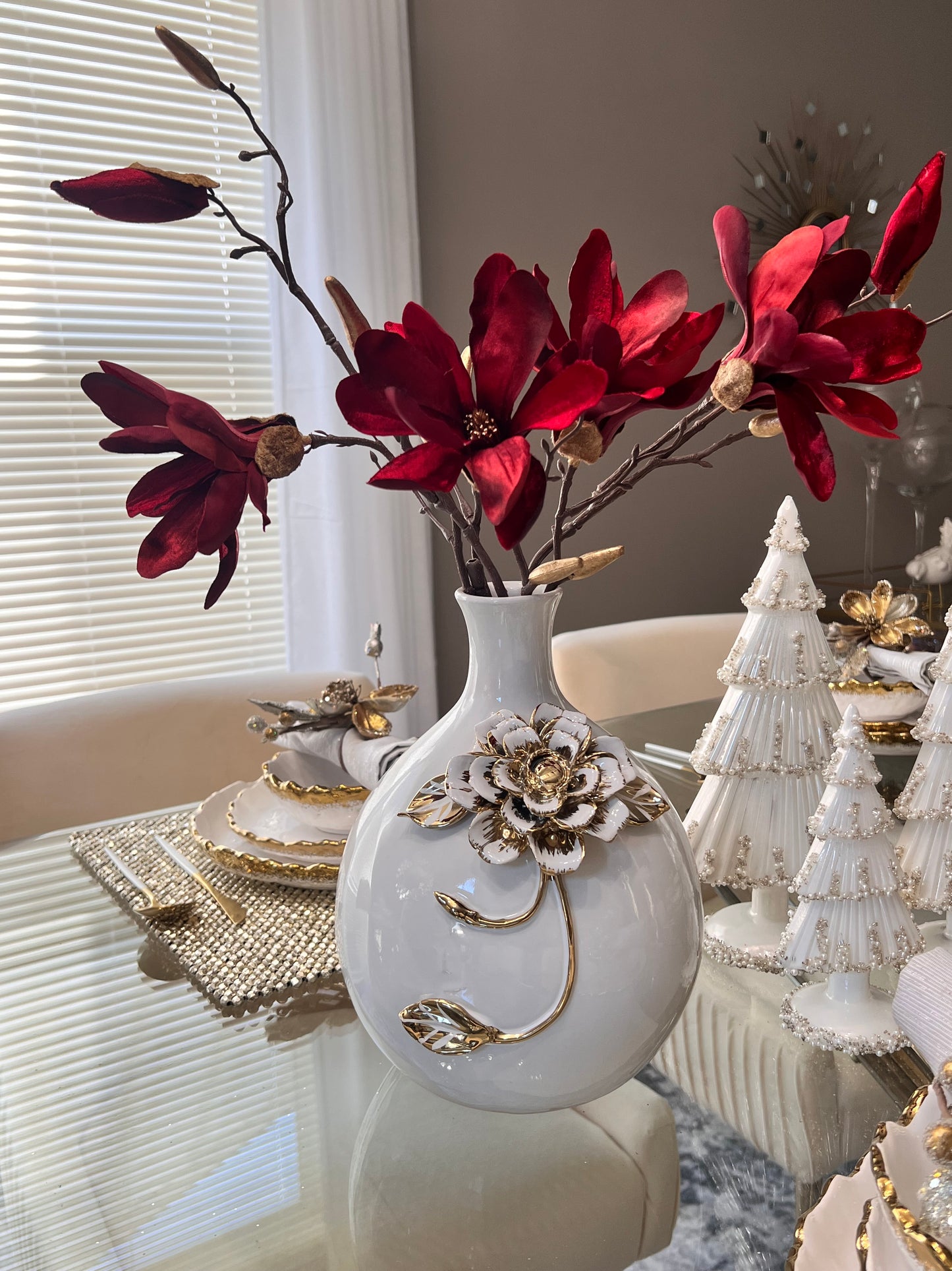 White and Gold Flower Detail vase