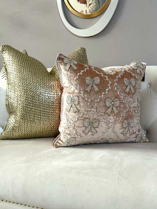 Beaded Bow Soft Pink Pillow