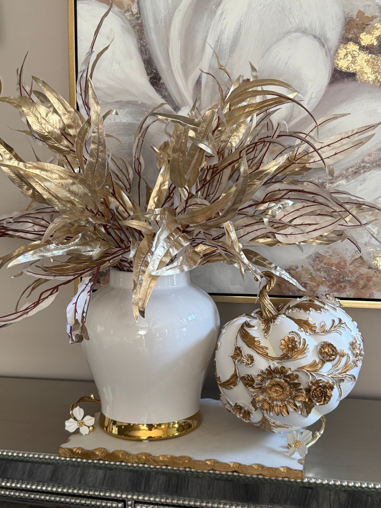 White And Gold Flowers Pumpkin Medium.