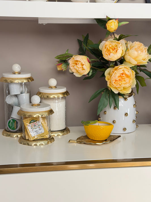 Set Of 3 Glass Canisters Whit Marble And Gold Lid .