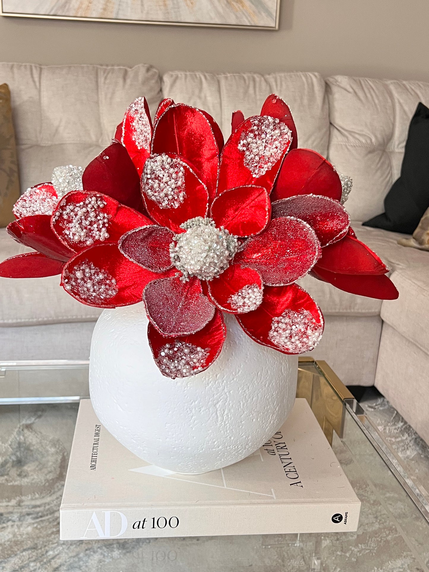 Red Magnolia Stem Whit White Pearls