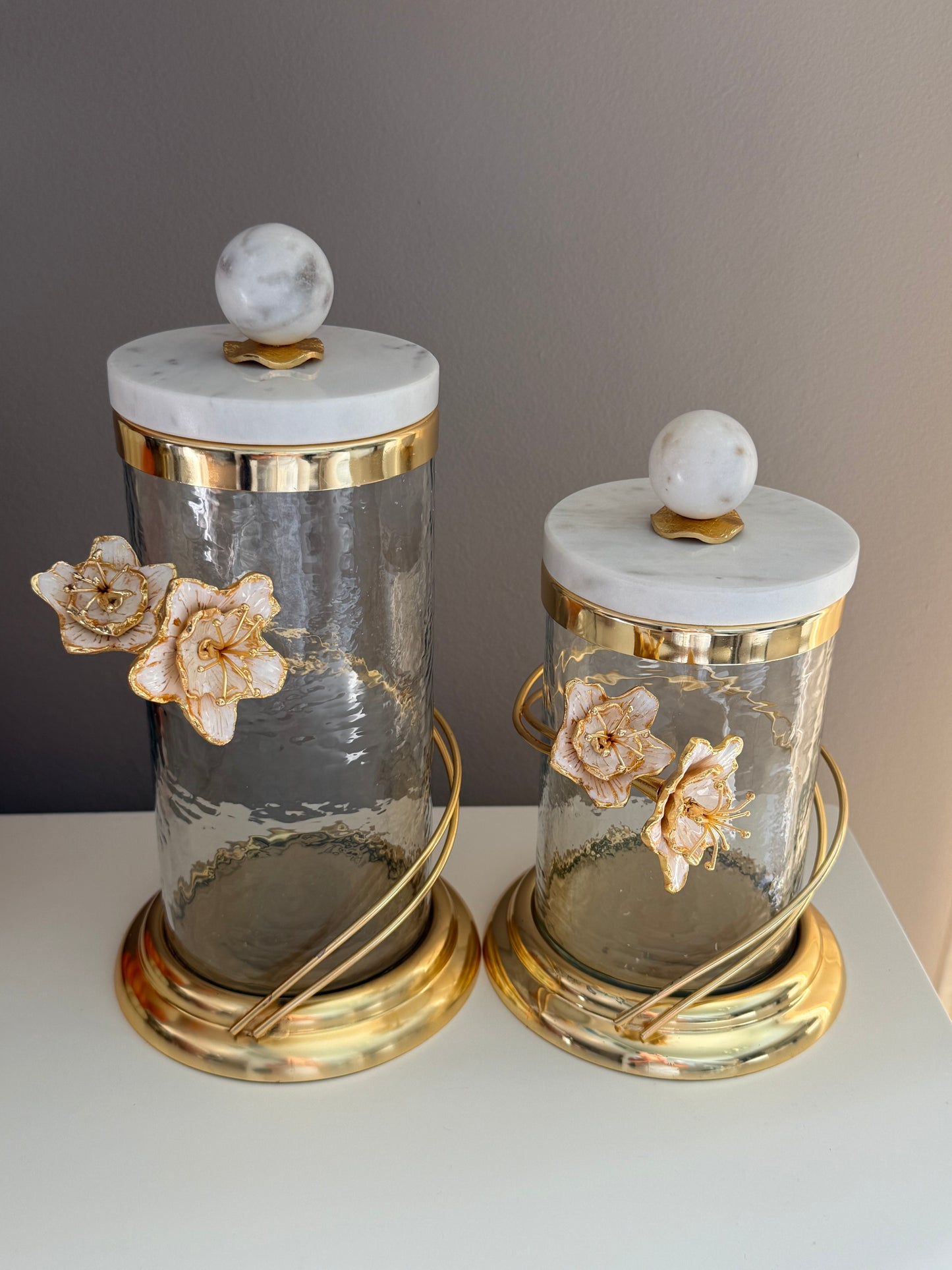 Set Of Two Canisters Clear Whit Gold Flowers Design