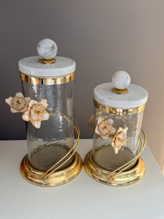 Set Of Two Canisters Clear Whit Gold Flowers Design