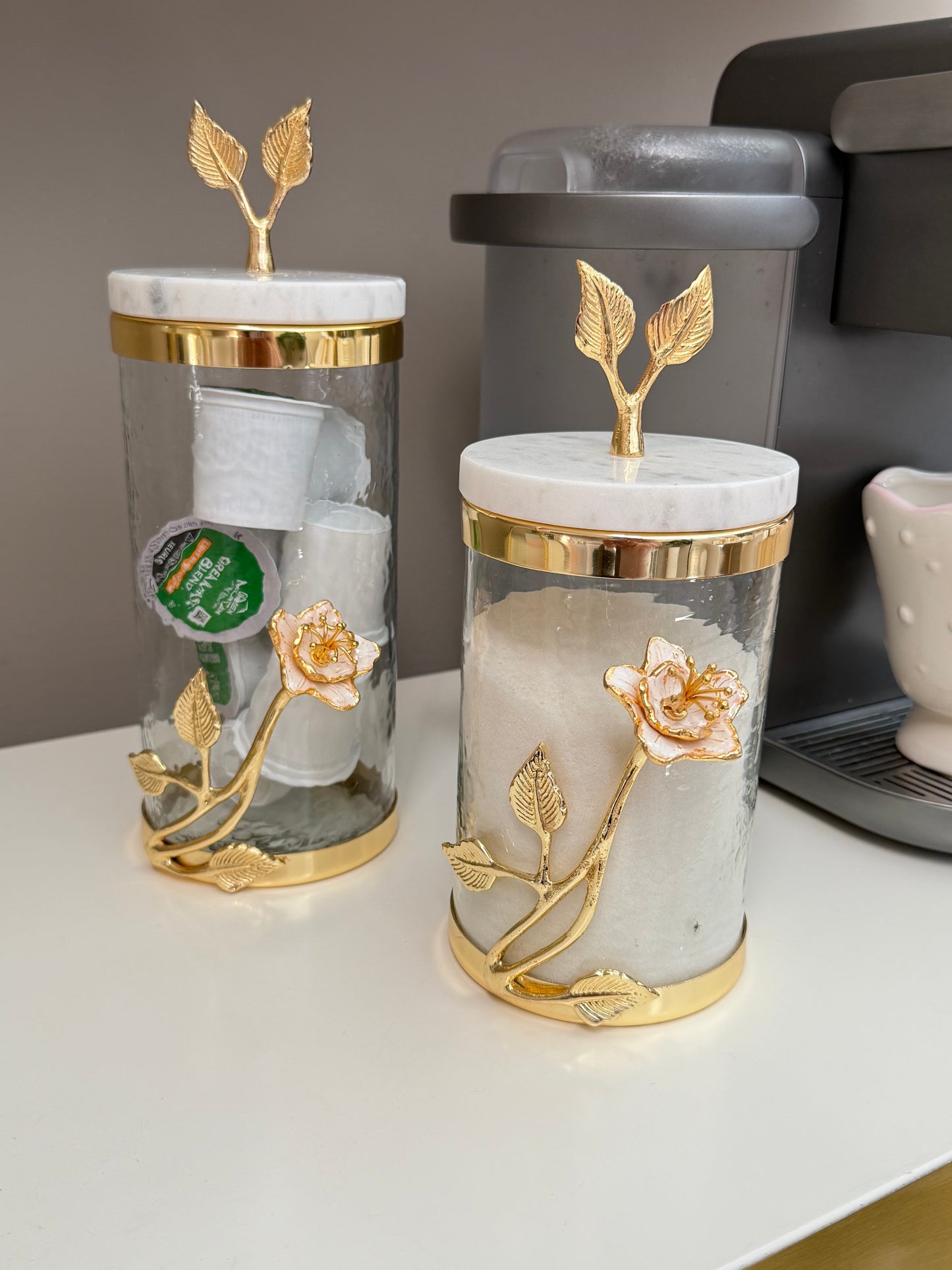 Glass Canisters With Gold Leaf Design.(2 sizes available)