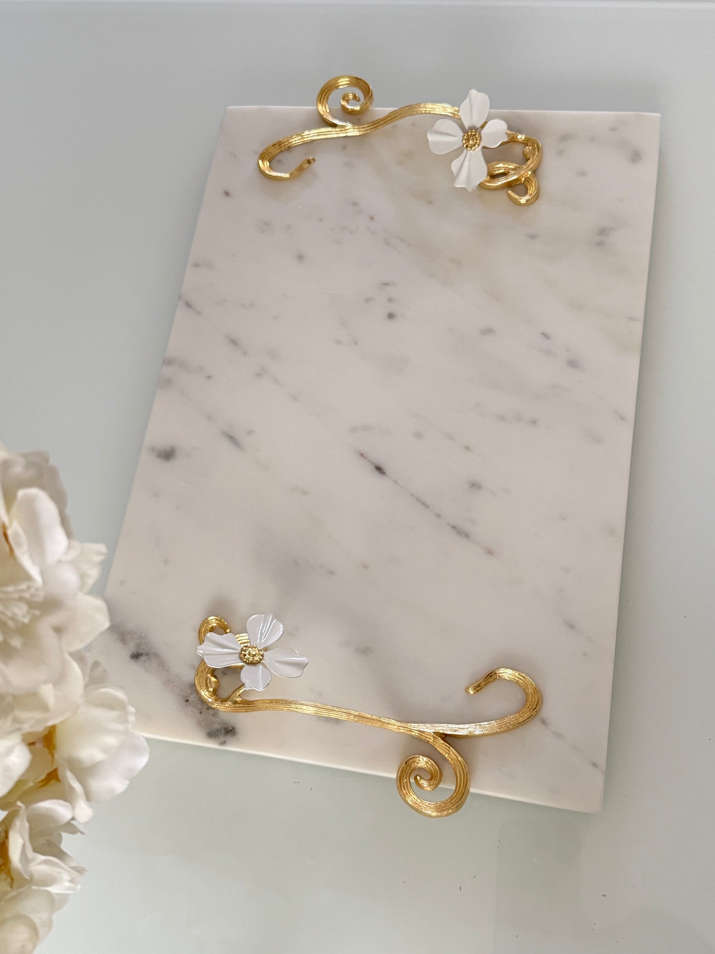Marble Tray With Gold Handle And Flower Design .