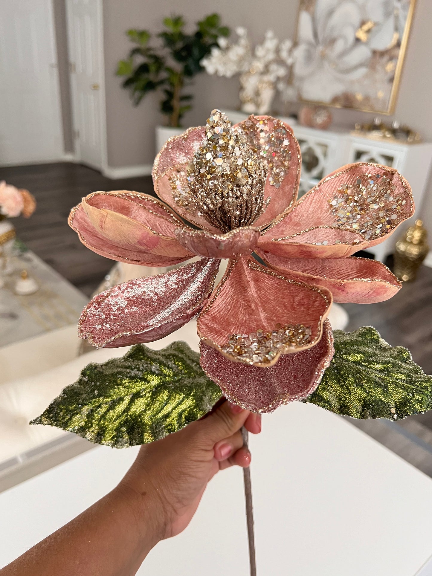 Set Of 3 Christmas Magnolia Stem Blush Pink With Gold Glitter