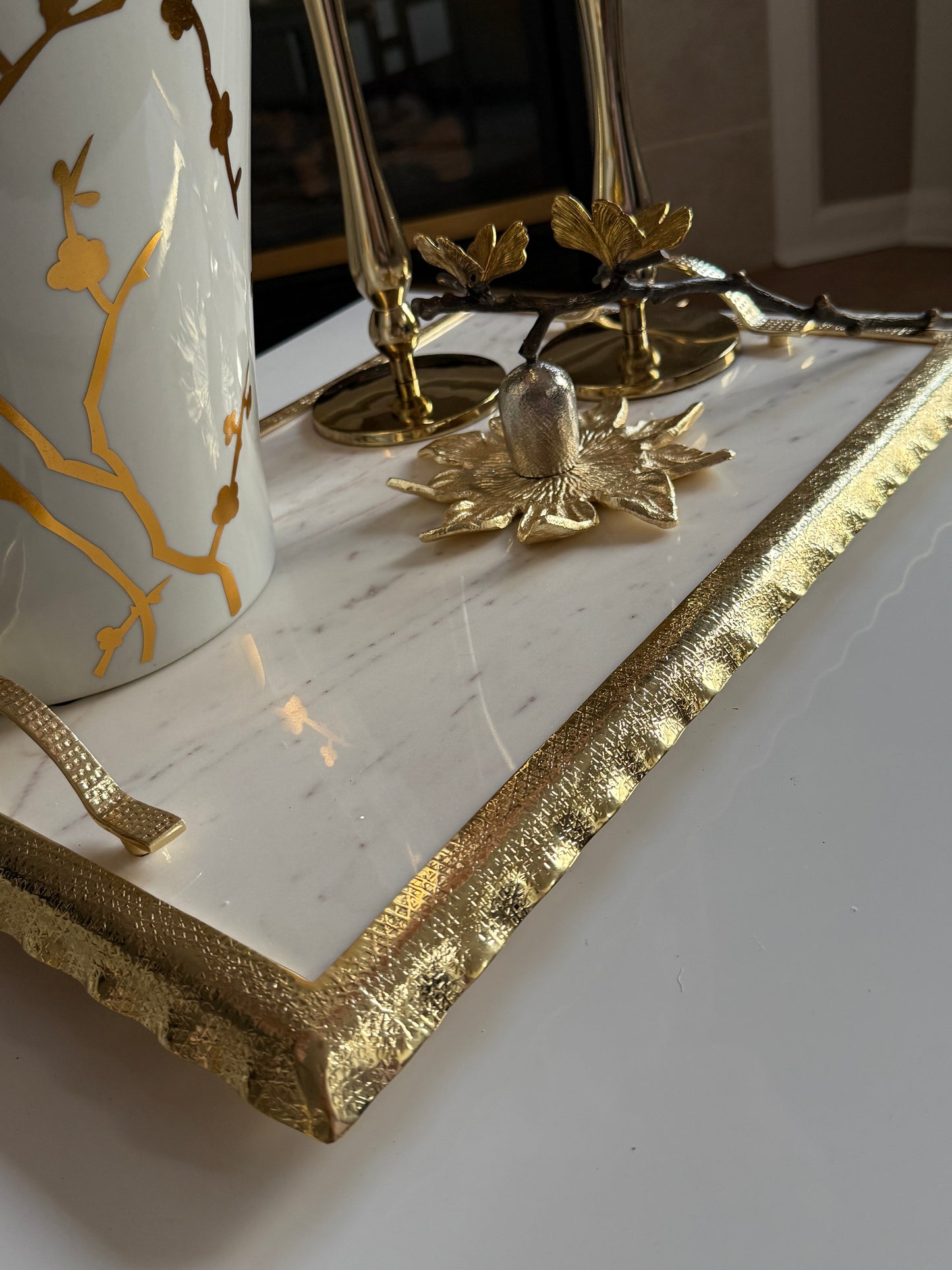 White Marble Tray Gold Rufled Design