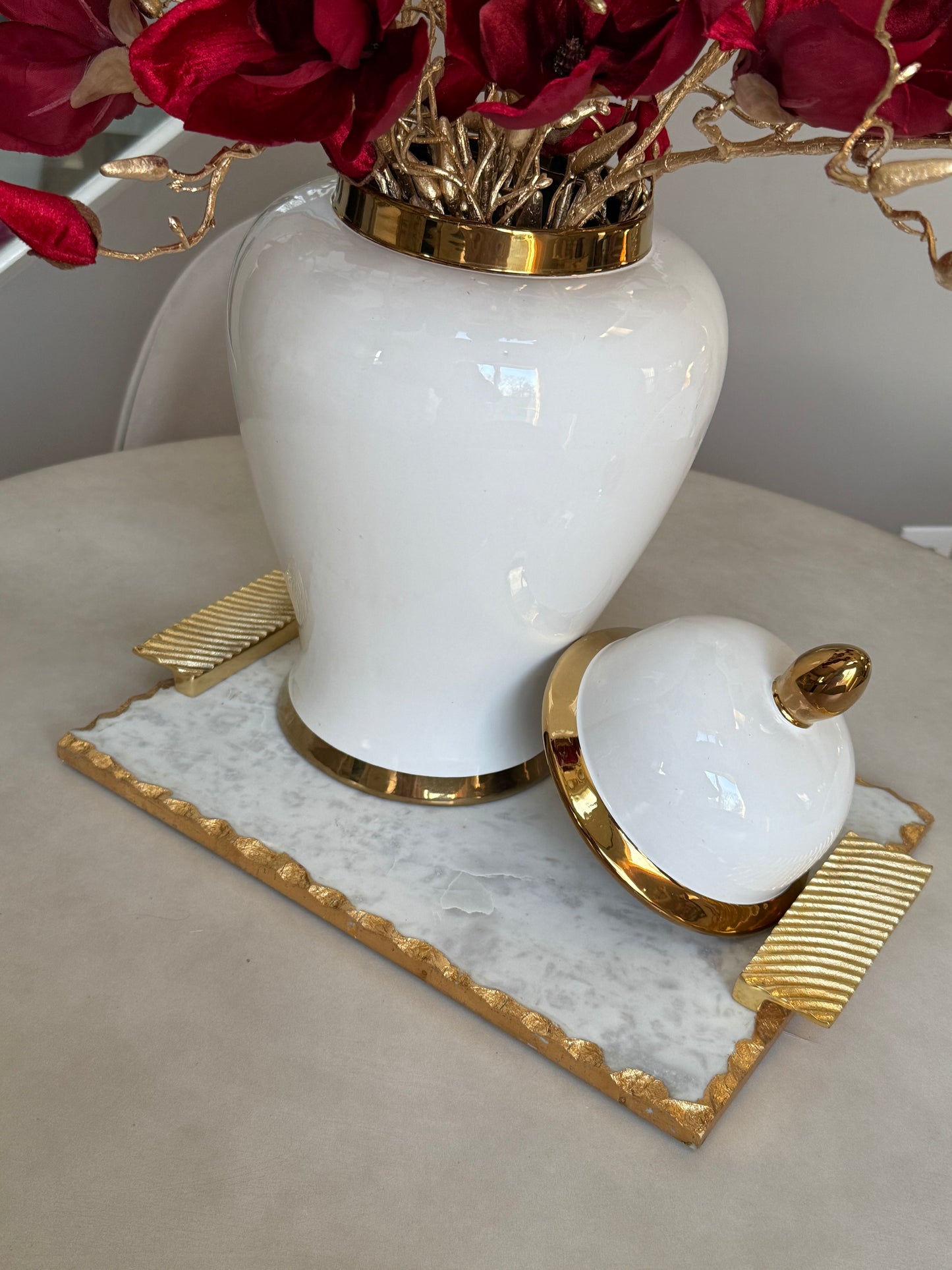 White Marble Tray Gold Handled  Design