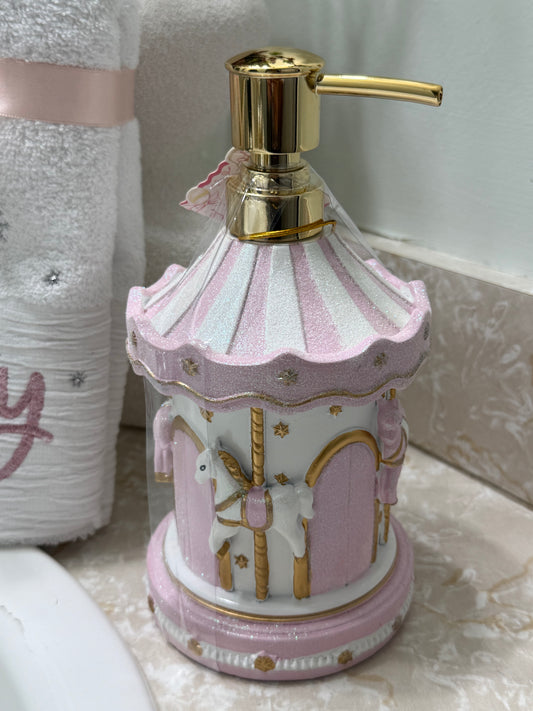 pink and white glitter carousel-themed soap dispenser
