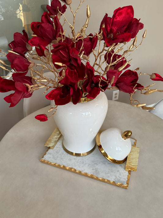 White Marble Tray Gold Handled  Design