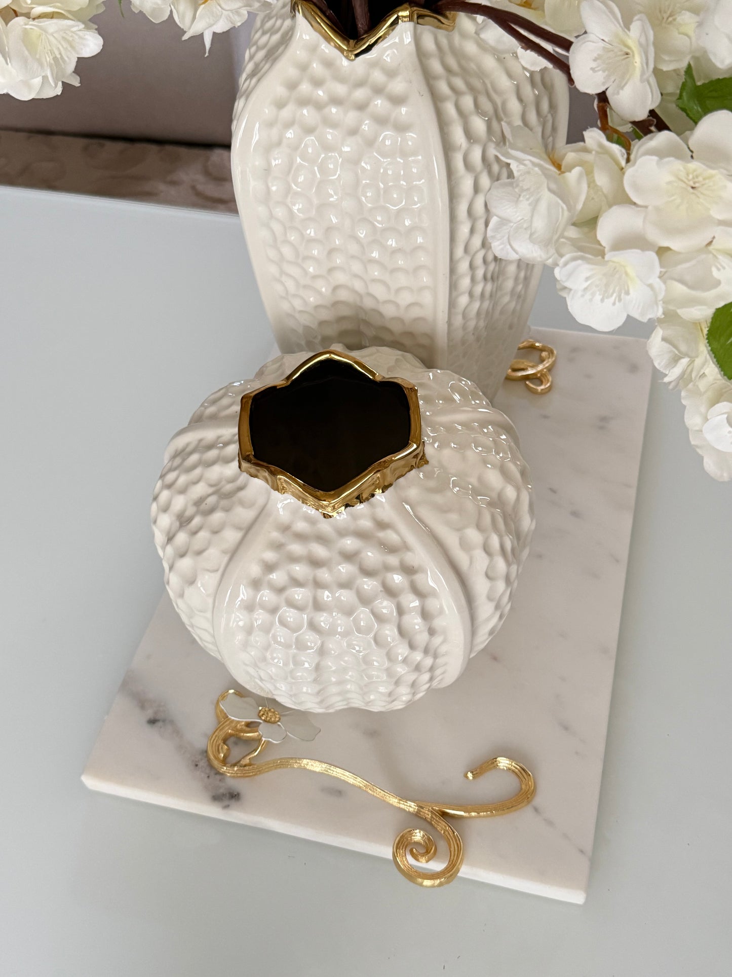 Marble Tray With Gold Handle And Flower Design .