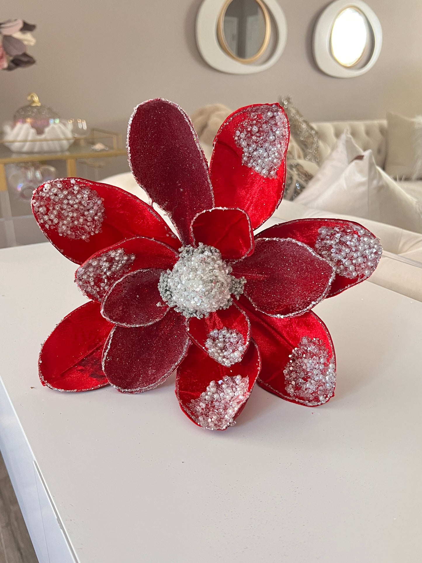 Red Magnolia Stem Whit White Pearls