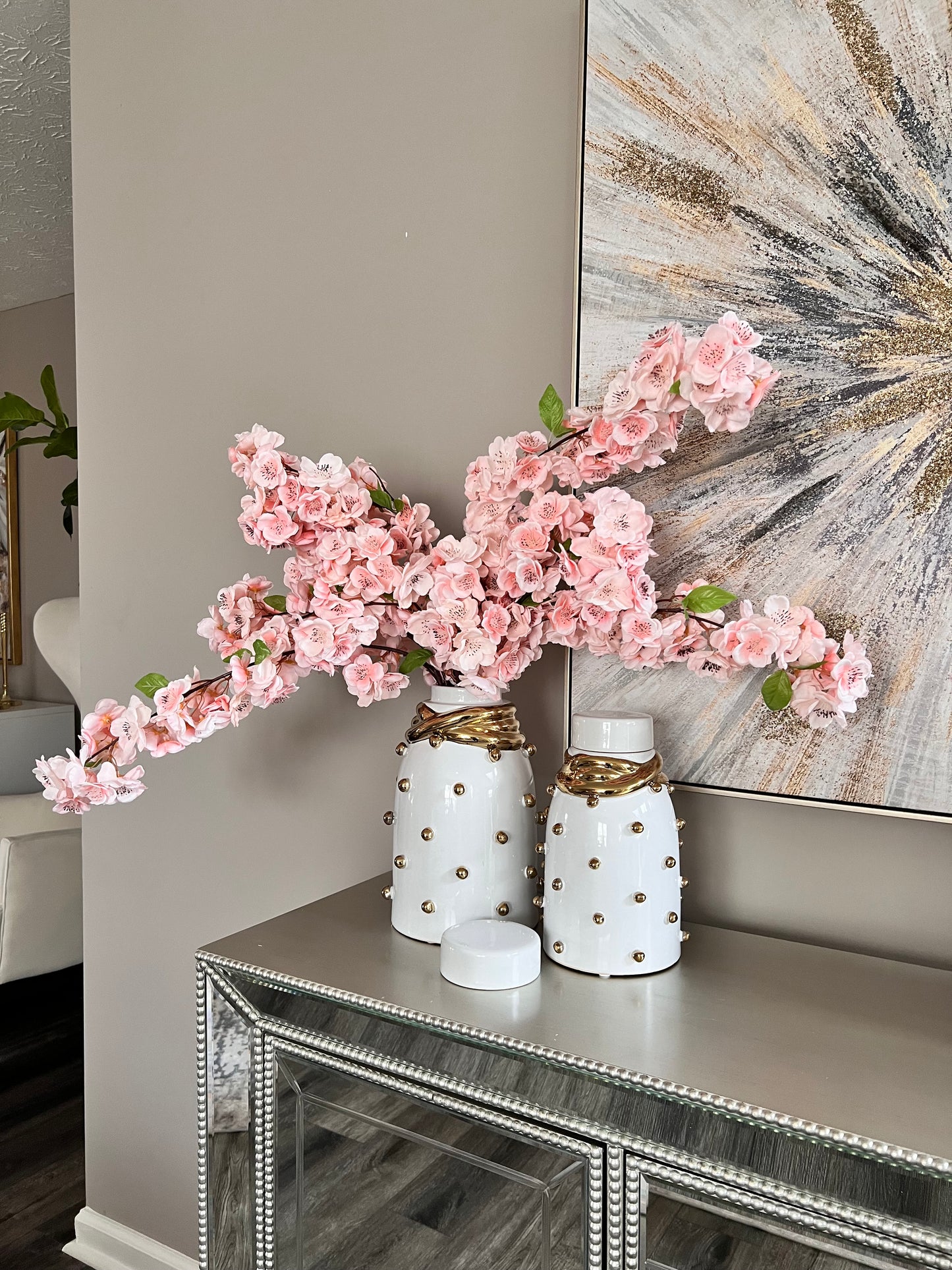 White Ceramic Jar Whit Gold Elegant Detail and Studded(3 sizes)