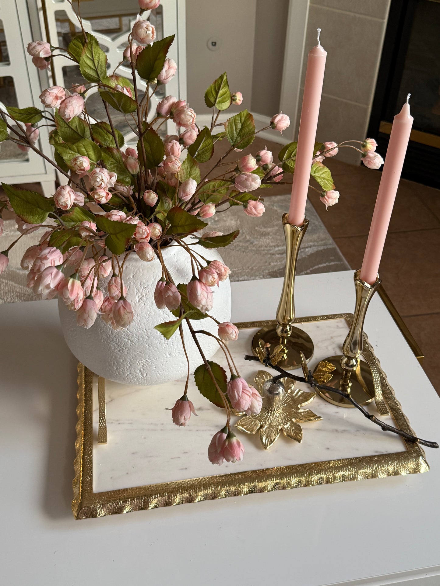 White Marble Tray Gold Rufled Design