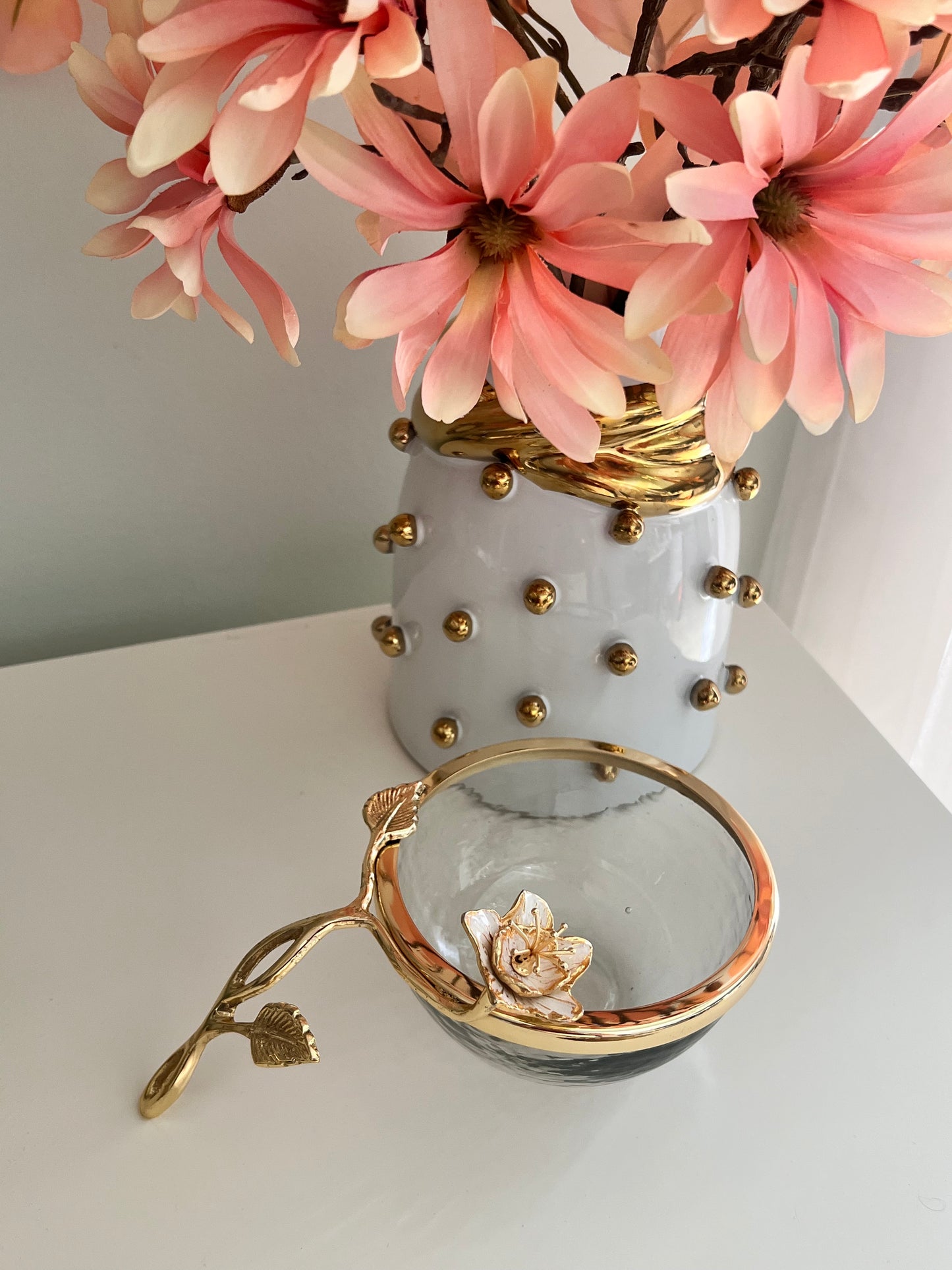 Glass dish gold flowers Desing handle (2) styles)