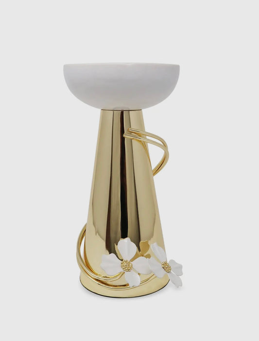 Gold candleholders whit white flower detail (MEDIUM)