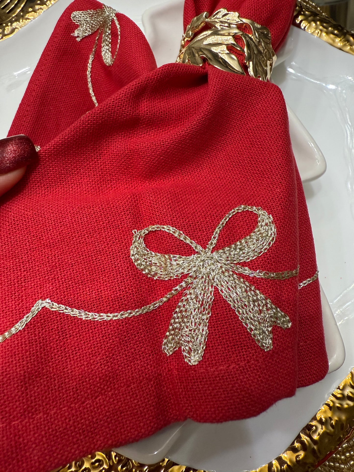 Set Of 6 Bow Red Napkins