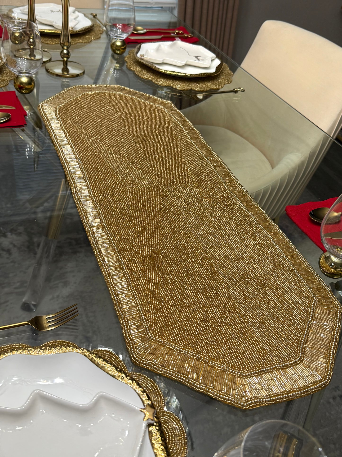 Beaded Gold Table Runner