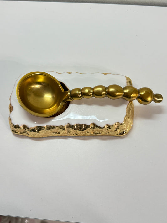 Gold Spoon and white and Gold Enamel Holder Set