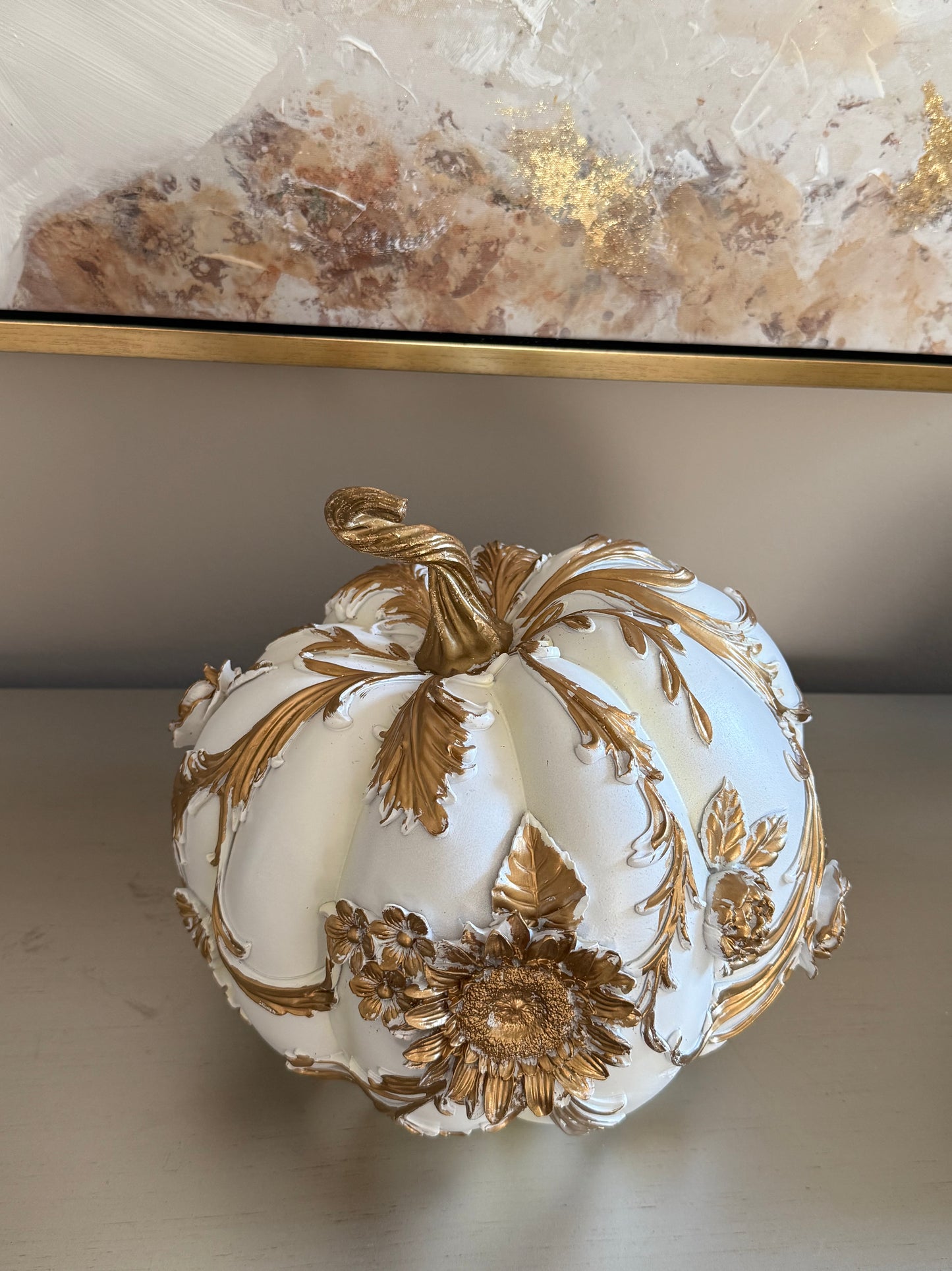 White And Gold Flowers Pumpkin Medium.