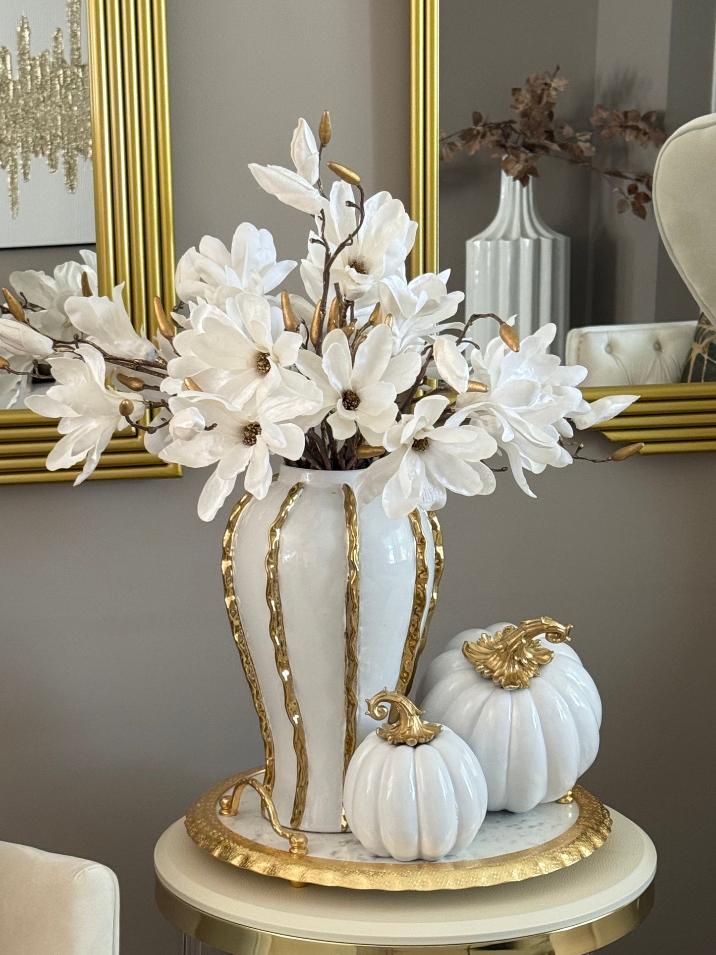 Set of 3 Velvet  Magnolia Spray White Whit Brown Stem