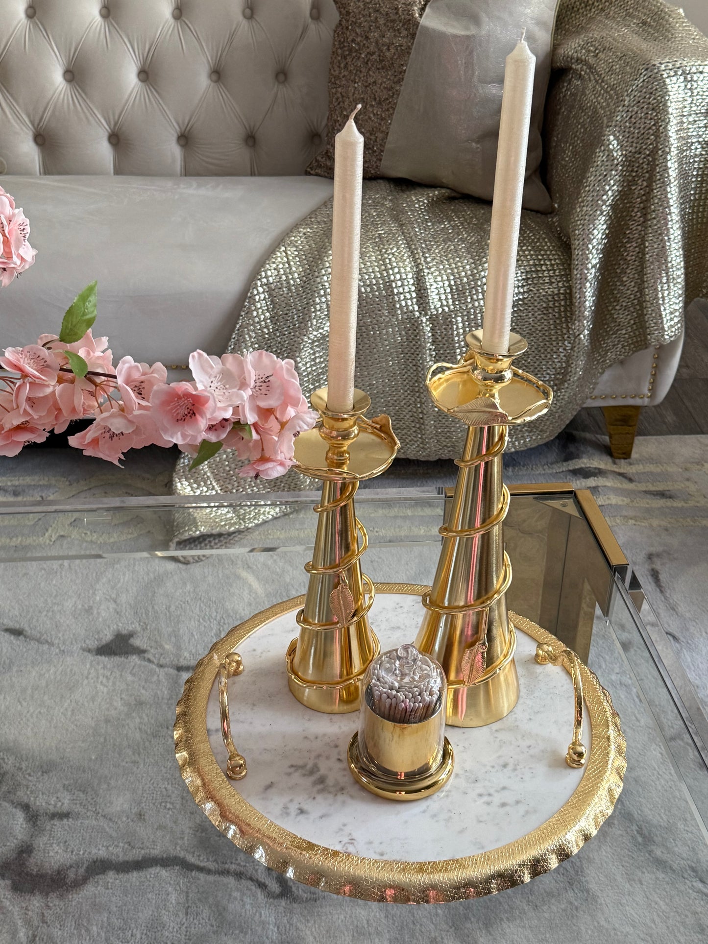 White Marble Tray Gold Ruffled Design.