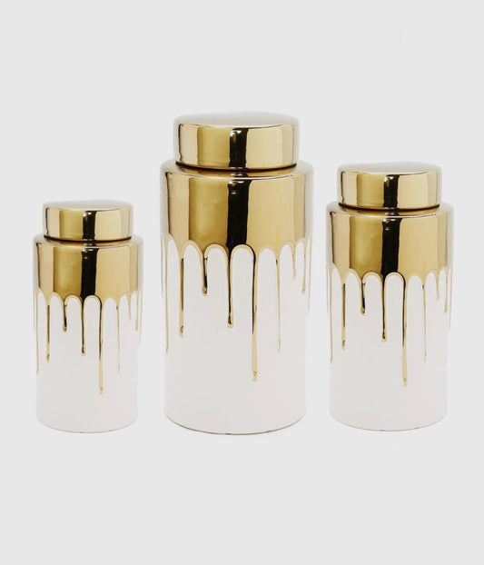 White Jar With Gold Cover And Drip Design (3 sizes)