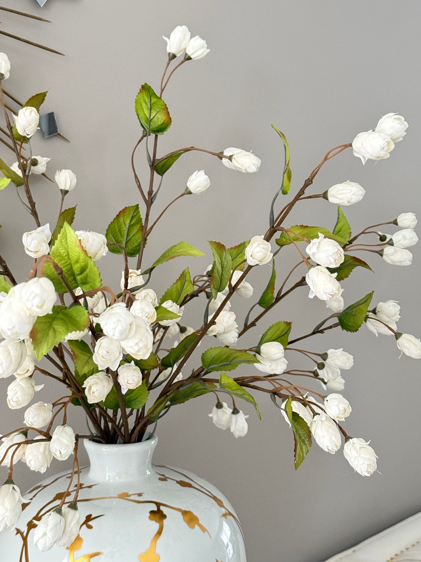 Beige and green sage floral stems set of 3.