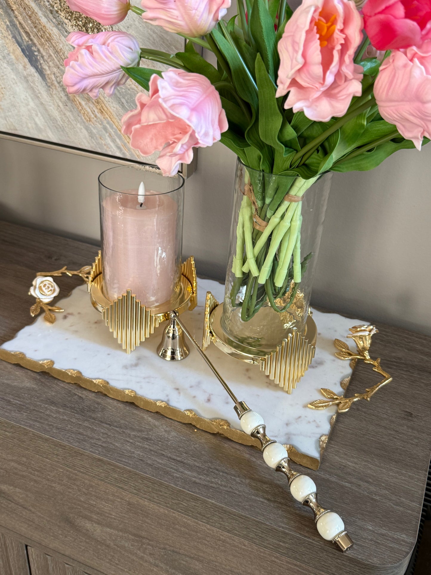 Gold Candle Snuffer White and Gold Beaded Handle