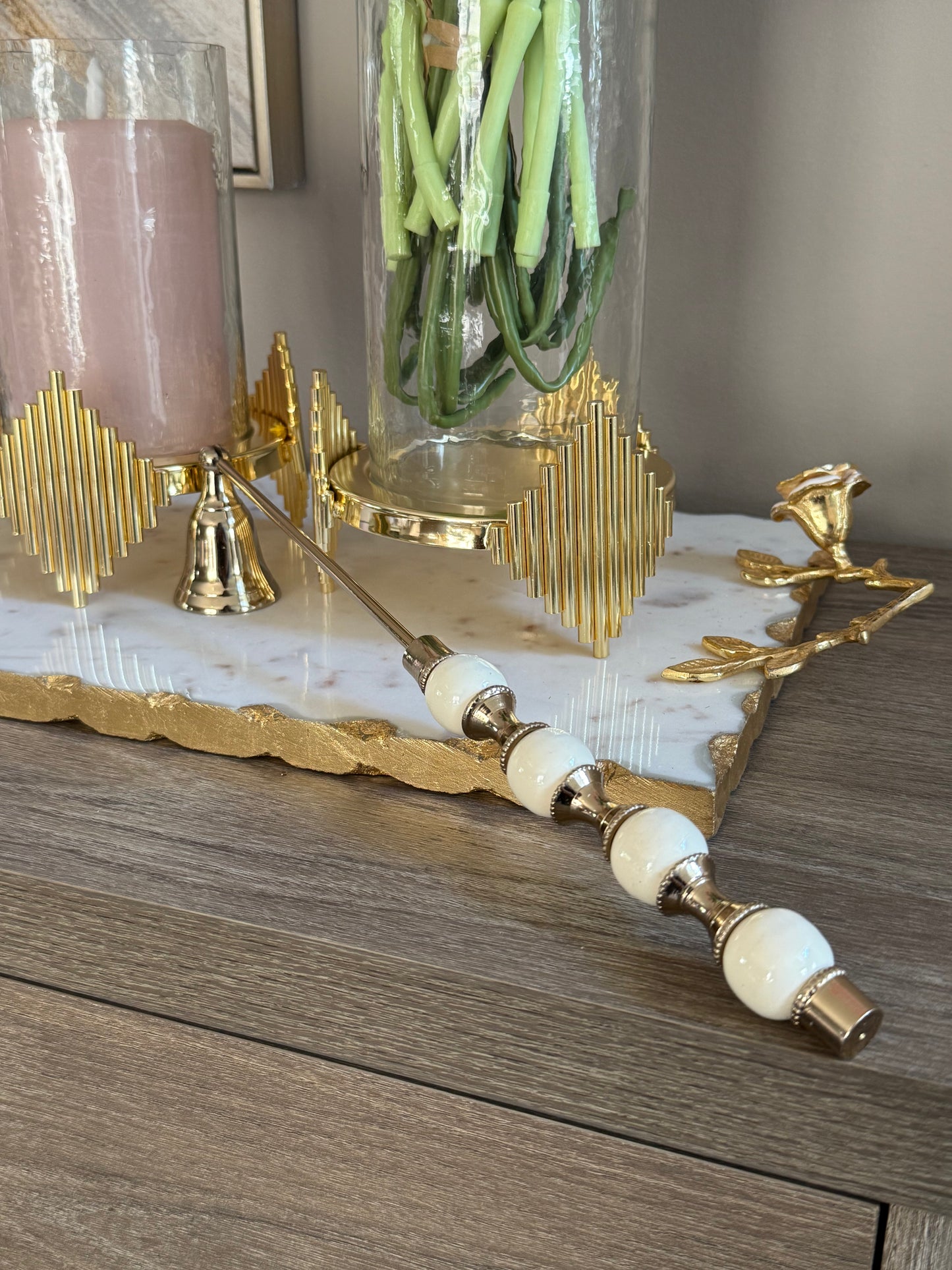 Gold Candle Snuffer White and Gold Beaded Handle